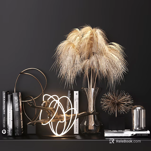Modern Decorative Ornament Set With Golden Dried Grass Silver Vase Geometric Ring And Books 3d model 