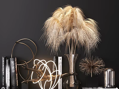 Modern Decorative Ornament Set With Golden Dried Grass Silver Vase Geometric Ring And Books 3d model