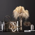 Modern Decorative Ornament Set With Golden Dried Grass Silver Vase Geometric Ring And Books