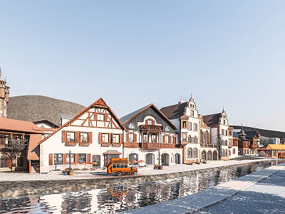 Scenic Commercial Street With Traditional European Buildings Canal Reflections And Vintage Bus 3d model