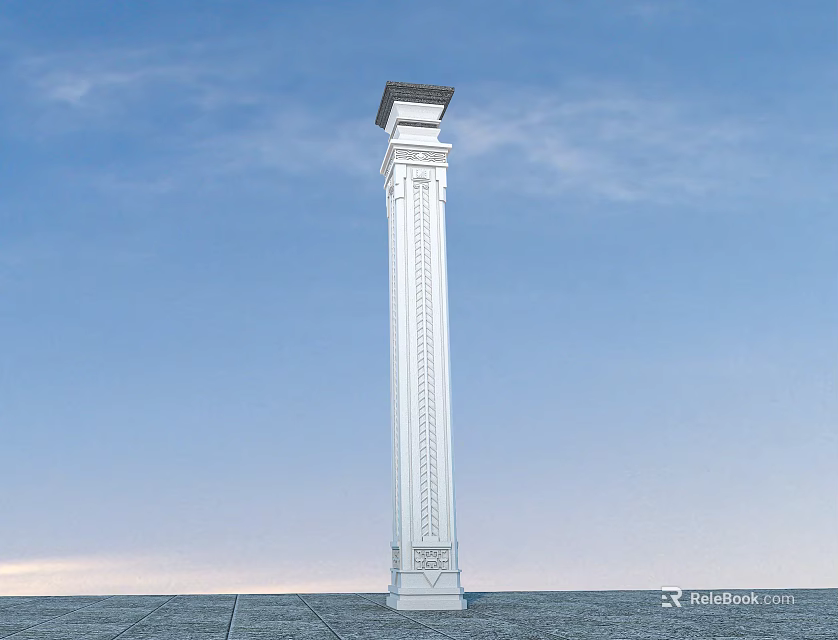 White Carved Architectural Column With Ornate Top Structure Against Blue Sky 3d model 