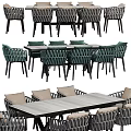 Modern Woven Dining Table Set With Green Chairs And Black Metal Frame
