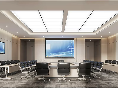Modern Conference Room Interior With Long Table Black Chairs Large Projection Screen Square Ceiling Lights 3d model