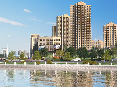 Modern Urban Landscape With Tall Buildings Waterfront Trees And Vehicles 3d model