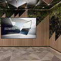 Elevator Lobby Featuring Green Plant Wall Display Screen Wooden Decor And Geometric Ceiling