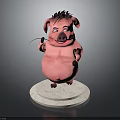 Cheerful Cartoon Pink Pig With Spiky Hair Holding Green Grass Standing On White Platform