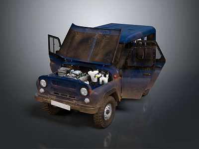 Old Vintage Blue Car With Open Hood And Doors Exposed Engine And Interior 3d model