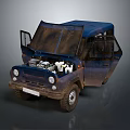 Old Vintage Blue Car With Open Hood And Doors Exposed Engine And Interior