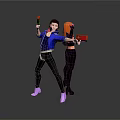 Game and Movie Characters in Action Pose With Blue Jacket Black Outfit and Red Weapons