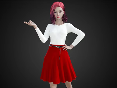 Pink haired woman in white long sleeve top and red skirt hand on hip other extended 3d model