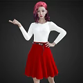 Pink haired woman in white long sleeve top and red skirt hand on hip other extended