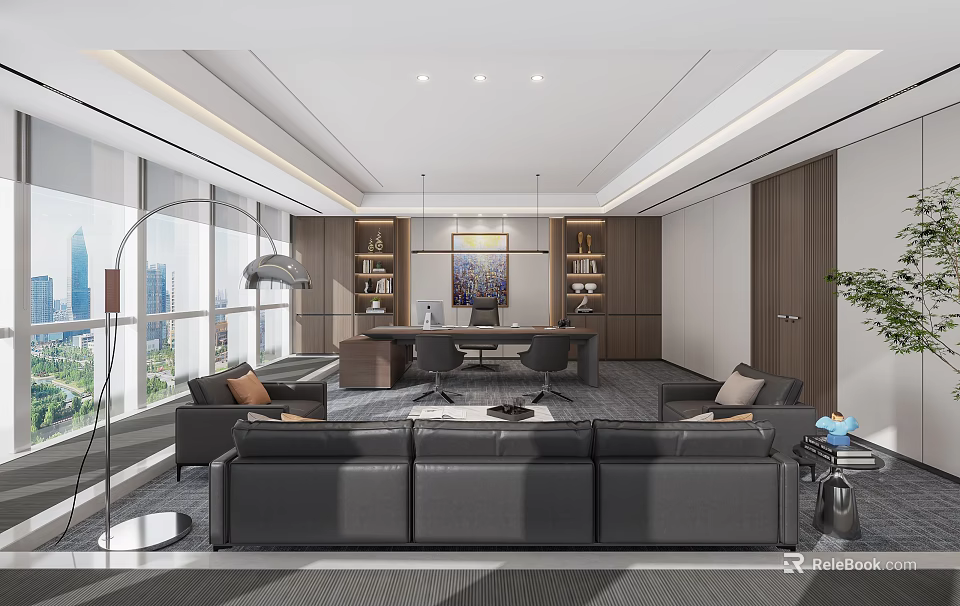 Modern Office Interior Design With Large Windows Sofa Seating Wooden Desk And Bookshelves 3d model 