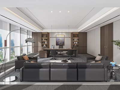 Modern Office Interior Design With Large Windows Sofa Seating Wooden Desk And Bookshelves 3d model