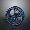 Futuristic Mechanical Wheel Design With Cybernetic Components Blue Orange Accents And Tech Details
