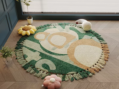 Round Rug With Green Beige Patterns And Fringes In Room With Plants Plush Toys 3d model