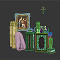Antique Carved Sculptures Display With Framed Painting Cross Columns And Decorative Vases