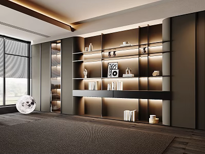 Modern Bookcase with Layered Shelves in Minimalist Living Room with Warm Lighting 3d model