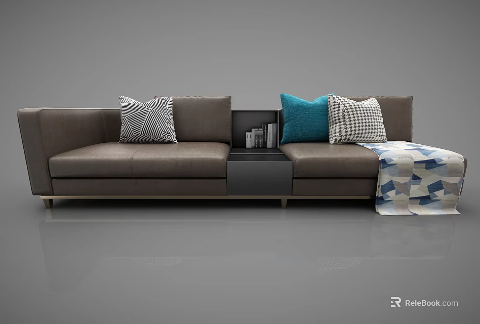Brown Sectional Sofa With Blue Patterned Pillows Small Side Table And Geometric Throw Blanket 3d model