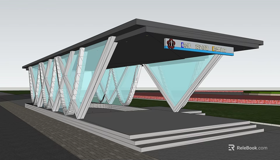 Modern Central Station With Glass Structure Open Platform And Geometric Canopy Design 3d model 