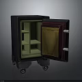 Black Safe Cabinet On Wheels With Open Red Door And Gold Internal Shelves