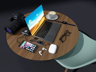 Laptop On Wooden Table With Camera Smartphone Wireless Earbuds And Coffee Cup 3d model