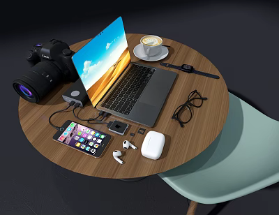 Laptop On Wooden Table With Camera Smartphone Wireless Earbuds And Coffee Cup 3d model Laptop On Wooden Table With Camera Smartphone Wireless Earbuds And Coffee Cup 3d model