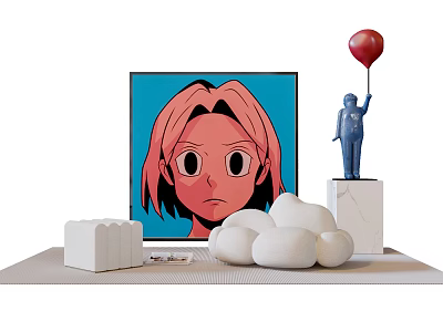 White Stone Shaped Single Sofa With Blue Sculpture Red Balloon And Pink Haired Figure Painting 3d model