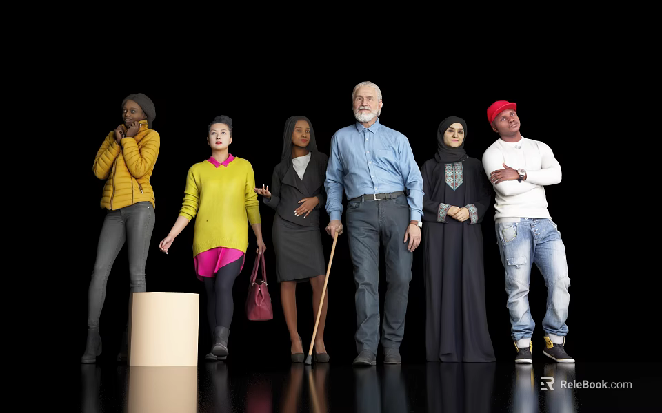 Group of Diverse People Standing Together with Different Ages Ethnicities and Attires 3d model 