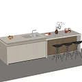 Modern Minimalist Bar Counter with White Countertop Sink Stylish Black Bar Stools And Decorative Vase