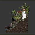 Cartoon Scene With Lighthouse Red Roof Cottage Cliff Trees Pier And Boat On Water