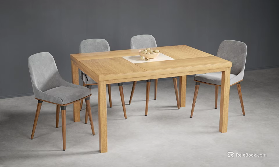 Modern Wooden Dining Table and Grey Chairs Set with Decorative Mat and Nuts 3d model 