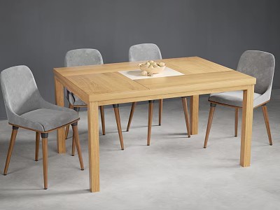 Modern Wooden Dining Table and Grey Chairs Set with Decorative Mat and Nuts 3d model