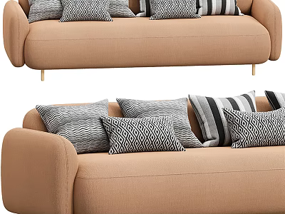 Beige Upholstered Sofa With Multiple Geometric Patterned Pillows And Gold Metal Legs 3d model