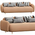 Beige Upholstered Sofa With Multiple Geometric Patterned Pillows And Gold Metal Legs