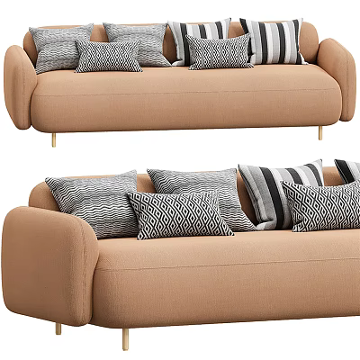 Beige Upholstered Sofa With Multiple Geometric Patterned Pillows And Gold Metal Legs 3d model
