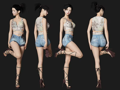 Woman Wearing Floral Top And Denim Shorts With Strappy High Heels Posing In Multiple Angles 3d model