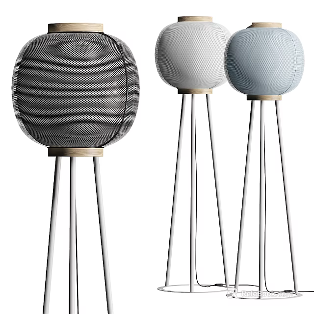 Modern Round Floor Lamps With Slim Metal Stands And Black White Light Blue Shades 3d model 
