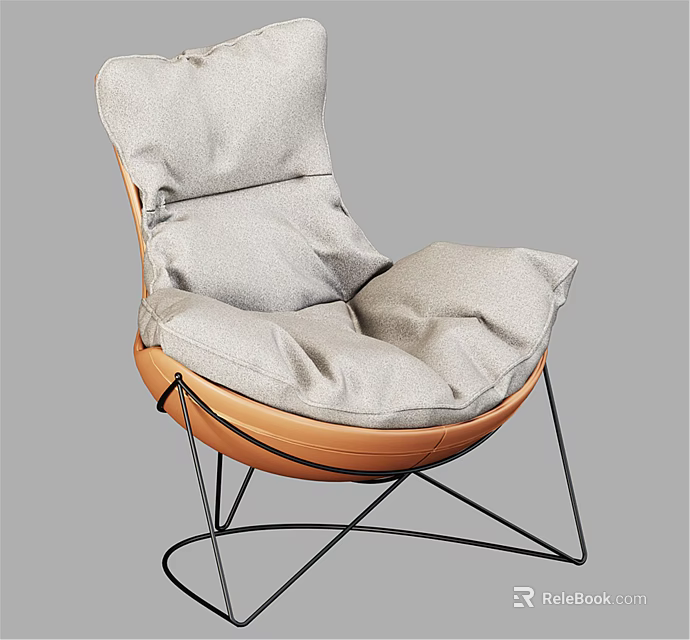 Modern Leisure Chair With Wooden Frame Black Metal Legs And Gray Fabric Cushions 3d model 