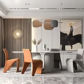 Modern Dining Table Set With Orange Gray Chairs Pendant Lights And Wall Art 3d model