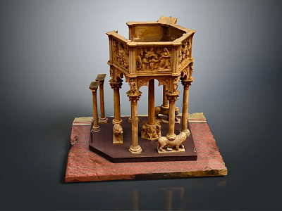 Intricately Carved Hexagonal Decorative Structure With Lion Statue On Red Base Detailed Sculptures And Columns 3d model