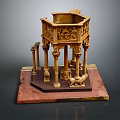 Intricately Carved Hexagonal Decorative Structure With Lion Statue On Red Base Detailed Sculptures And Columns