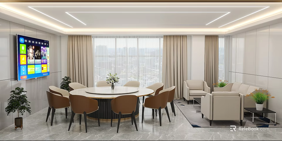 Private Room Interior With Round Table Chairs Sofa Plants And Large Windows 3d model