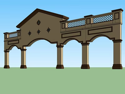 Traditional Arched Entrance Gate With Decorative Columns Balustrade And Classic Design 3d model