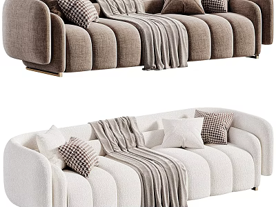 Brown And White Multi Seater Sofa With Pleated Design Pillows And Throw Blanket 3d model