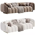 Brown And White Multi Seater Sofa With Pleated Design Pillows And Throw Blanket