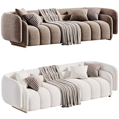 Brown And White Multi Seater Sofa With Pleated Design Pillows And Throw Blanket 3d model