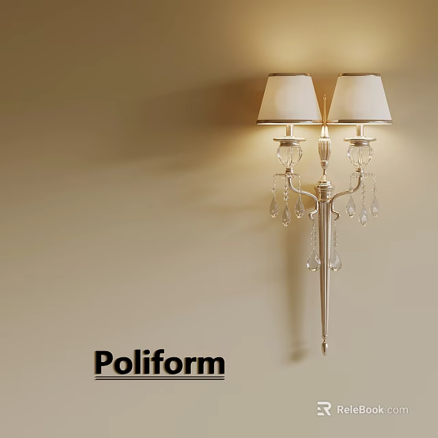 Poliform Wall Lamp With Double White Shades And Crystal Decor On Beige Wall 3d model 
