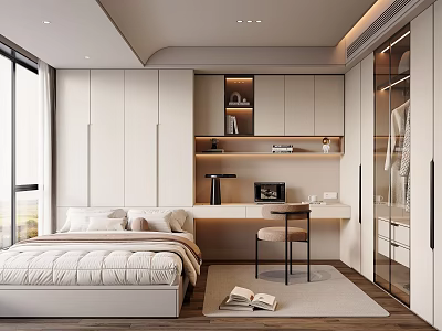 Minimalist Tatami Bedroom Interior Design With Tatami Bed Built in Wardrobe And Study Desk 3d model