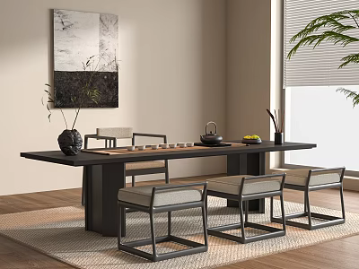 Modern Minimalist Tea Table and Chairs Interior With Tea Set Vase and Wall Art 3d model