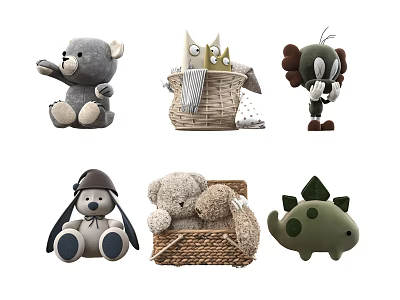 Cute Plush Stuffed Dolls with Bear Owl Dog Dinosaur and Basket Toys 3d model